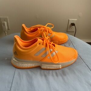 adidas Men's Boost Vibrant Orange Sneakers with Silver Stripes